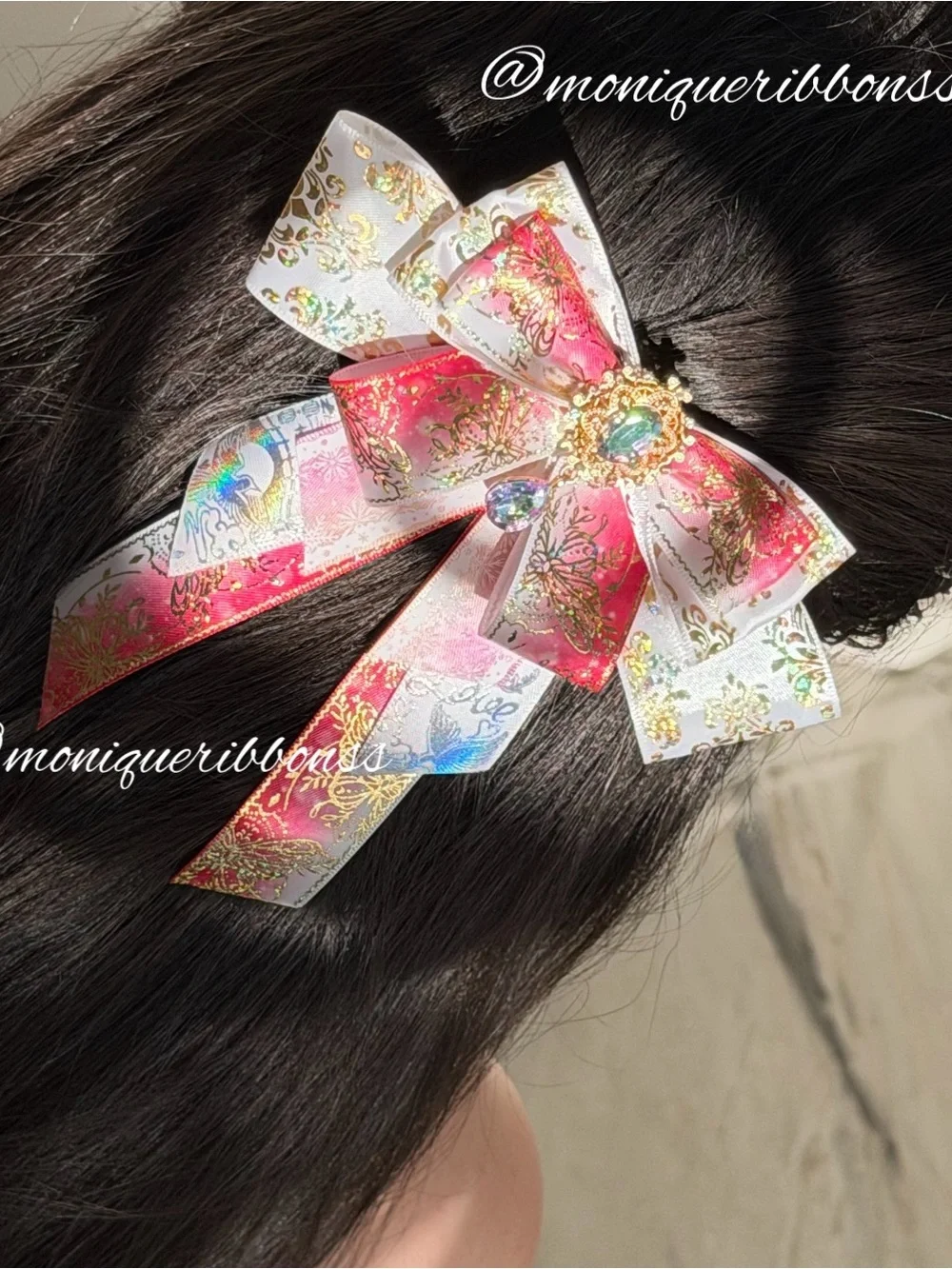 Handmade Pink and White Gold Accent Elegant Hair Bow